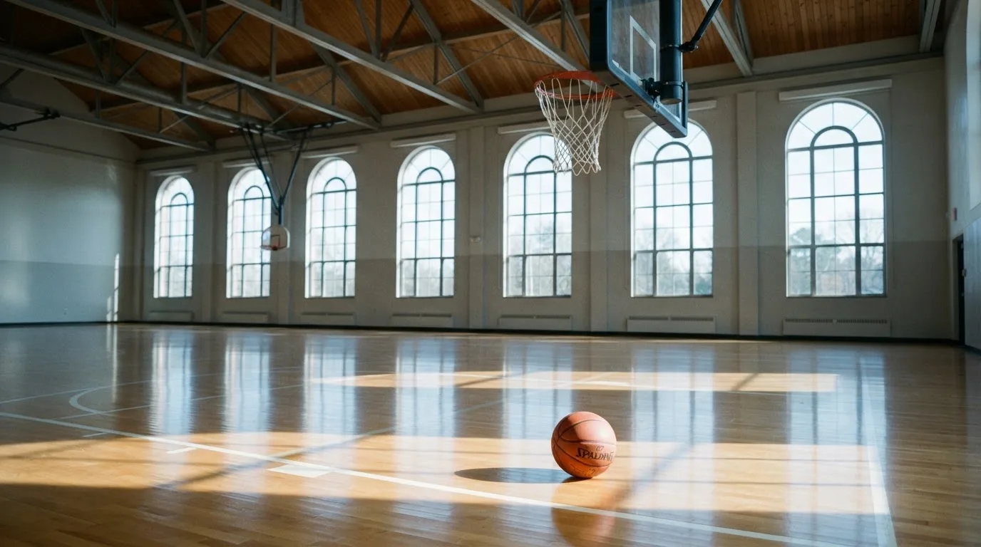 Ein Basketball liegt unter einem Korb in einer leeren Sporthalle, durch hohe Fenster fällt Tageslicht auf den Hallenboden.